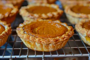 Delicious mini pumpkin pies on a rustic table, perfect for fall desserts.