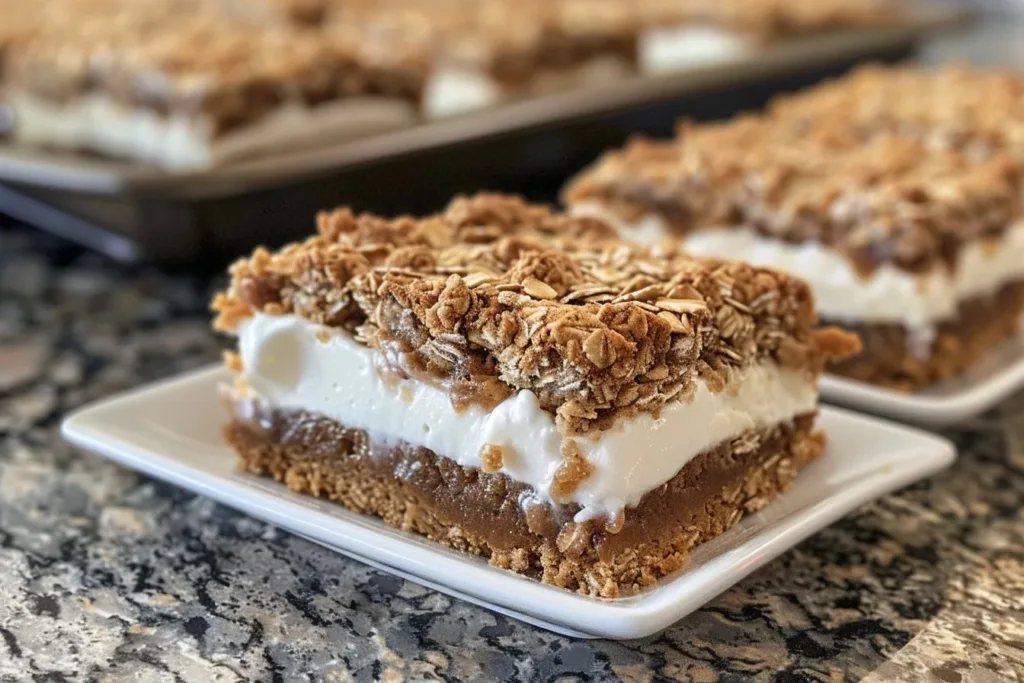 Delicious oatmeal cream pie bars with creamy filling and oats on top