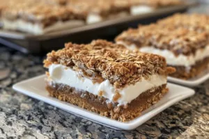 Delicious oatmeal cream pie bars with creamy filling and oats on top