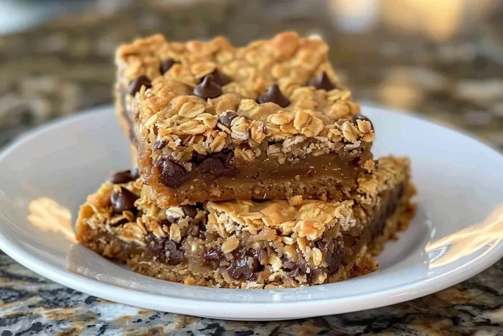 Delicious old-fashioned oatmeal chocolate chip cookie bars fresh out of the oven
