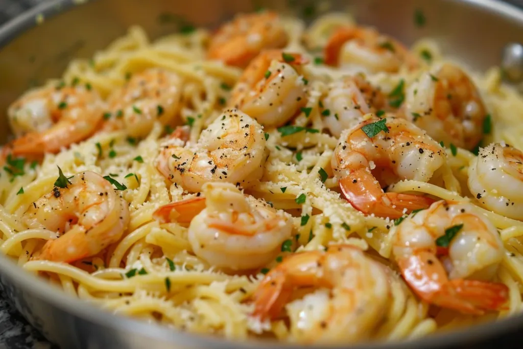 One-pot garlic butter shrimp pasta dish ready to serve