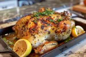 Oven roasted rotisserie style chicken served on a platter with fresh herbs.