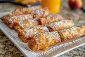 Peach Cobbler Egg Rolls filled with sweet peaches and crispy pastry.