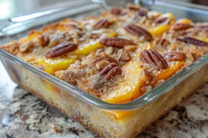 Delicious Peach Pecan Cobbler made with cake mix and fresh peaches