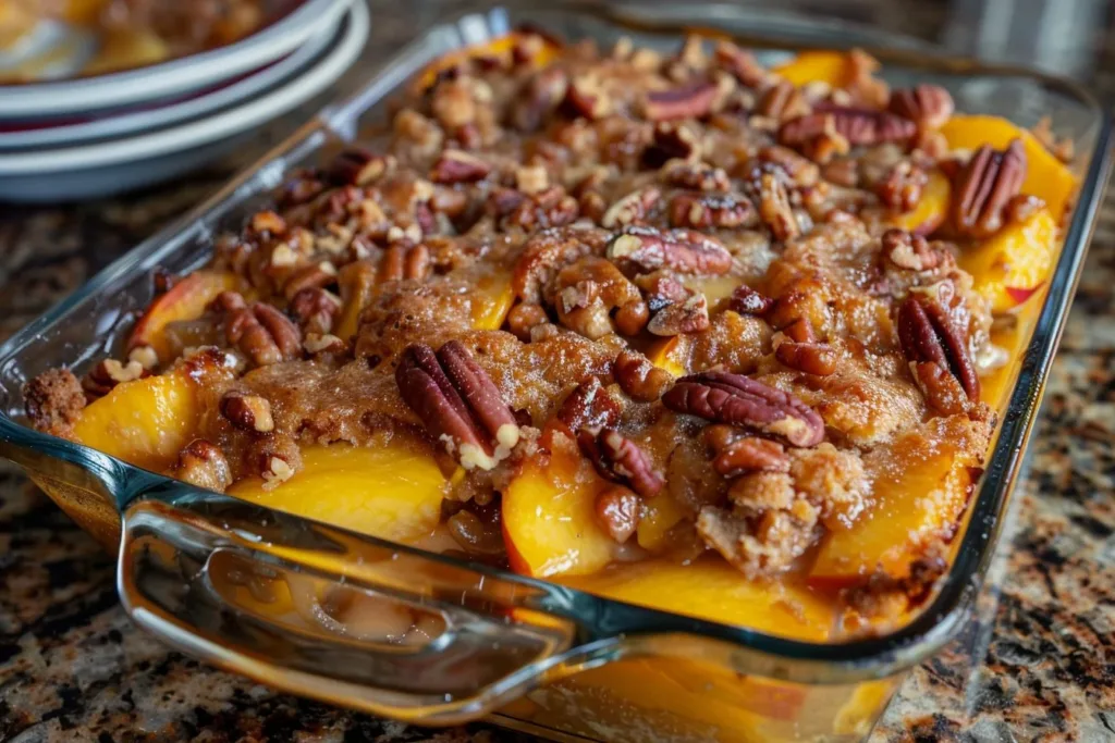 Delicious Peach Pecan Cobbler made with cake mix, topped with pecans and peaches.