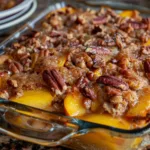 Delicious Peach Pecan Cobbler made with cake mix, topped with pecans and peaches.