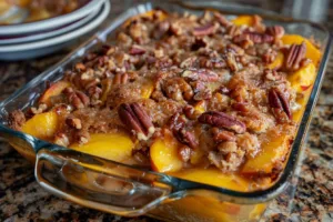 Delicious Peach Pecan Cobbler made with cake mix, topped with pecans and peaches.