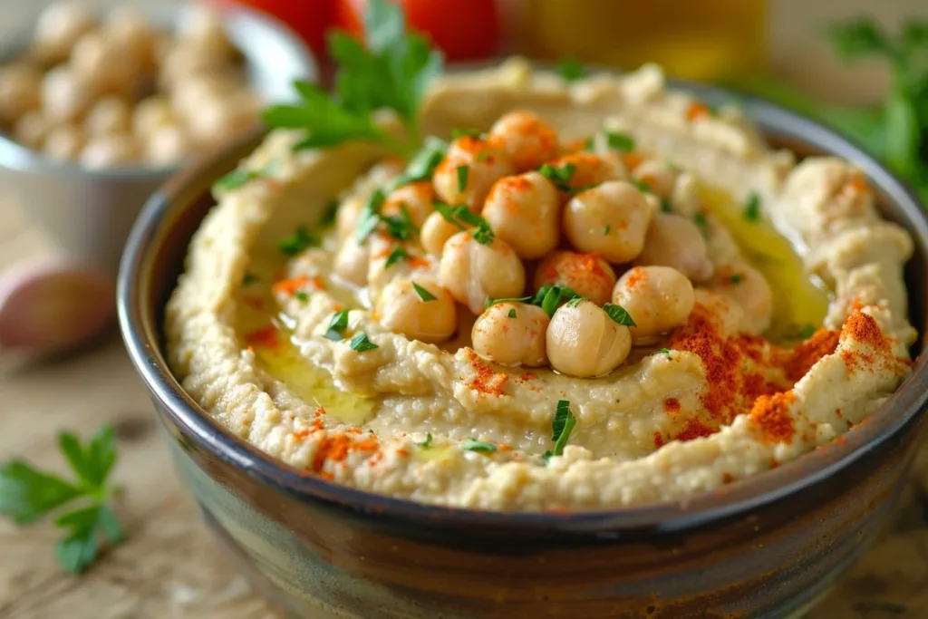 Delicious peanut butter hummus served with fresh veggies and crackers.