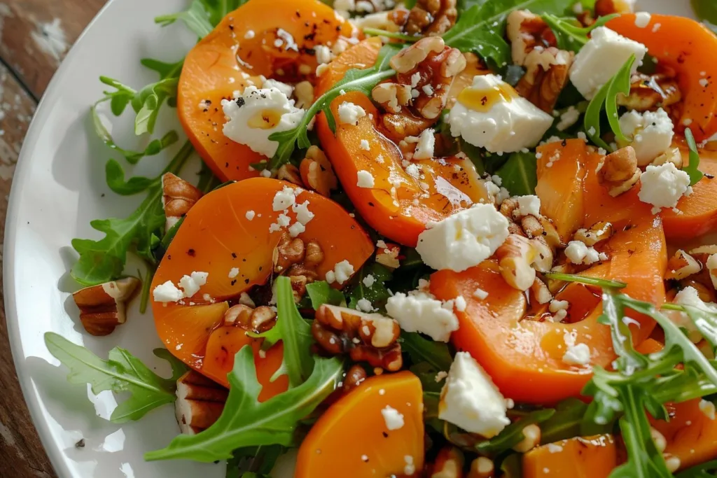 Delicious persimmon salad with fresh greens and colorful toppings
