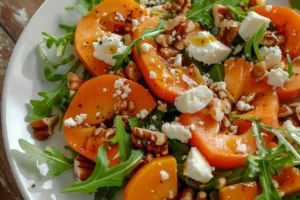 Delicious persimmon salad with fresh greens and colorful toppings