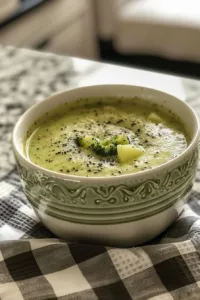 A bowl of creamy Potato Broccoli Soup garnished with herbs.