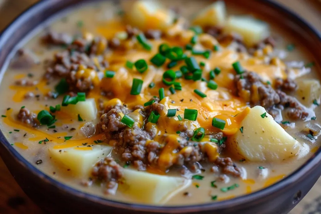 A warm bowl of creamy potato cheeseburger soup garnished with shredded cheese and herbs.