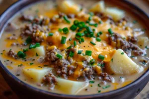 A warm bowl of creamy potato cheeseburger soup garnished with shredded cheese and herbs.