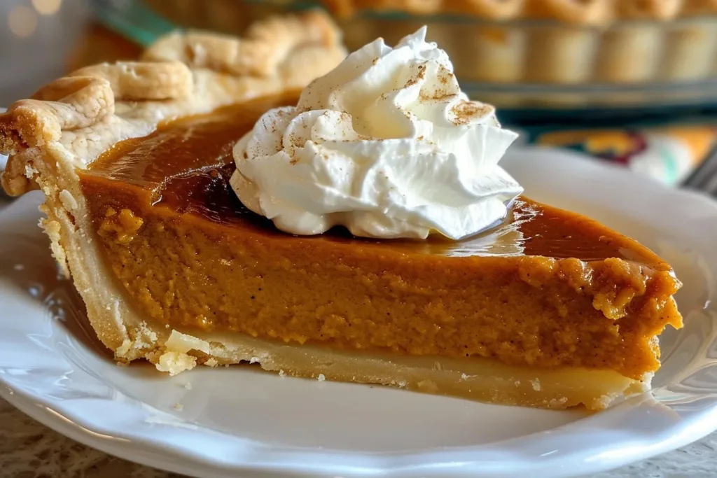Delicious slice of Pumpkin Caramel Pie topped with whipped cream and caramel drizzle