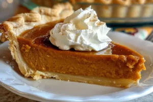 Delicious slice of Pumpkin Caramel Pie topped with whipped cream and caramel drizzle