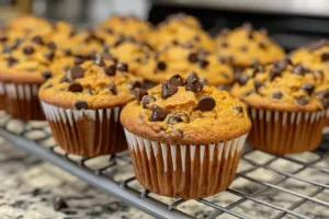 Freshly baked pumpkin chocolate chip muffins on a cooling rack