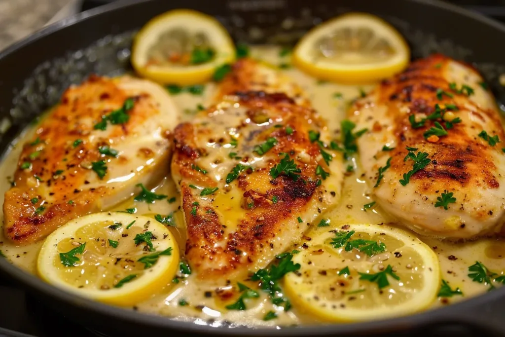 Plate of creamy lemon garlic chicken garnished with herbs and served with vegetables.