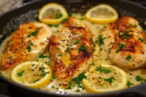 Plate of creamy lemon garlic chicken garnished with herbs and served with vegetables.