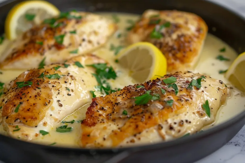Creamy lemon garlic chicken served with herbs and a side of vegetables