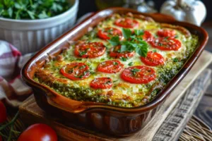 Delicious quinoa pesto bake topped with fresh herbs and cheese, served in a rustic dish.