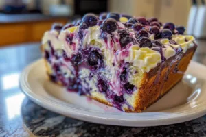Freshly baked rich blueberry cream cheese loaf garnished with blueberries.