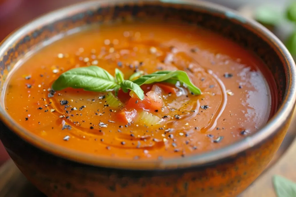 Bowl of roasted tomato soup garnished with fresh herbs and a slice of bread