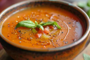 Bowl of roasted tomato soup garnished with fresh herbs and a slice of bread