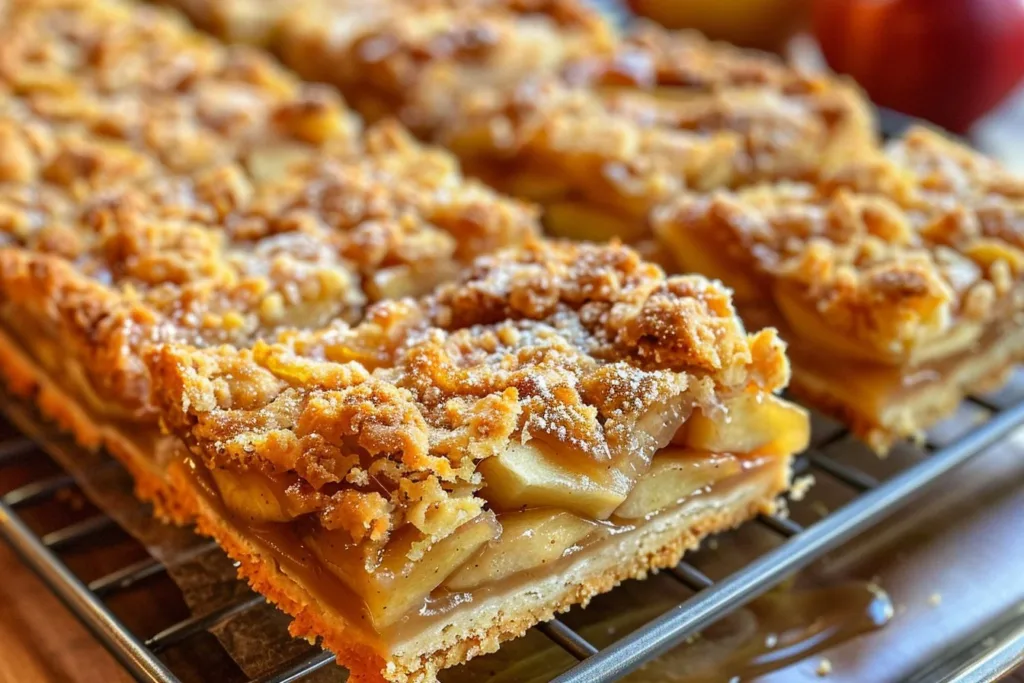 Salted caramel apple pie bars with fresh apples and caramel drizzle.