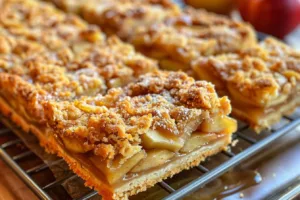 Salted caramel apple pie bars with fresh apples and caramel drizzle.