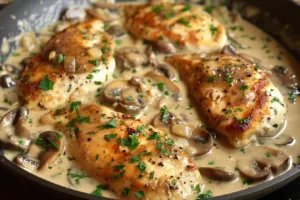 Savory chicken asiago served in creamy mushroom sauce