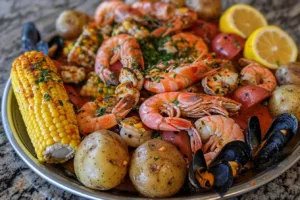 Delicious seafood boil featuring shrimp, crab, and various spices.