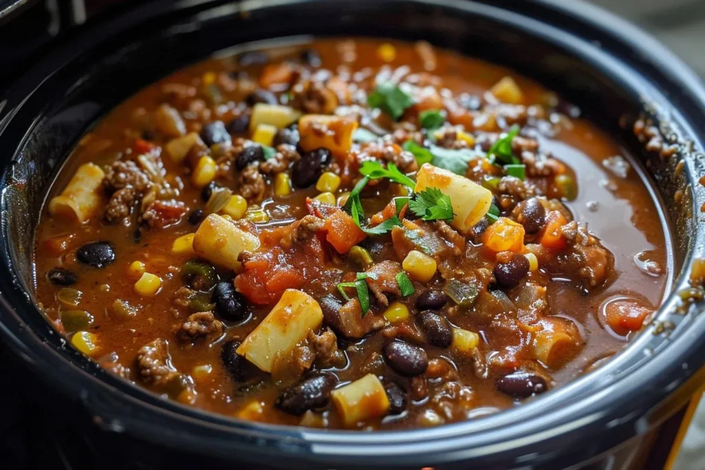 Hearty slow cooker cowboy casserole in a bowl with toppings.