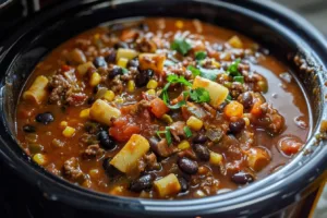 Hearty slow cooker cowboy casserole in a bowl with toppings.