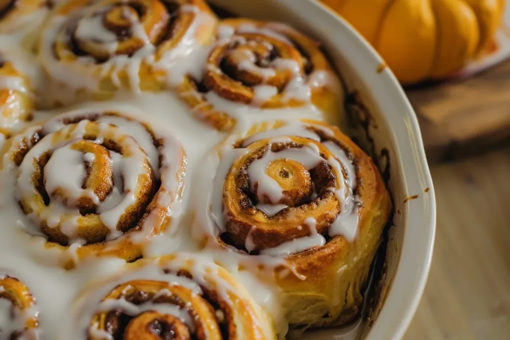 Delicious small batch pumpkin cinnamon rolls topped with cream cheese frosting