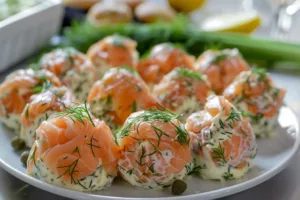 Delicious smoked salmon ball appetizer on a serving platter.
