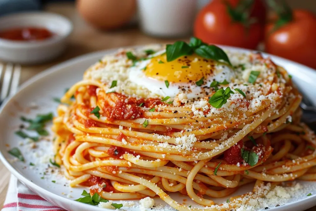 Delicious spaghetti pancake served with fresh herbs and toppings