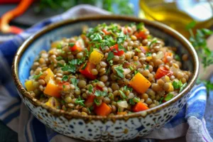 Spiced lentil rice served with colorful grilled vegetables on a plate.