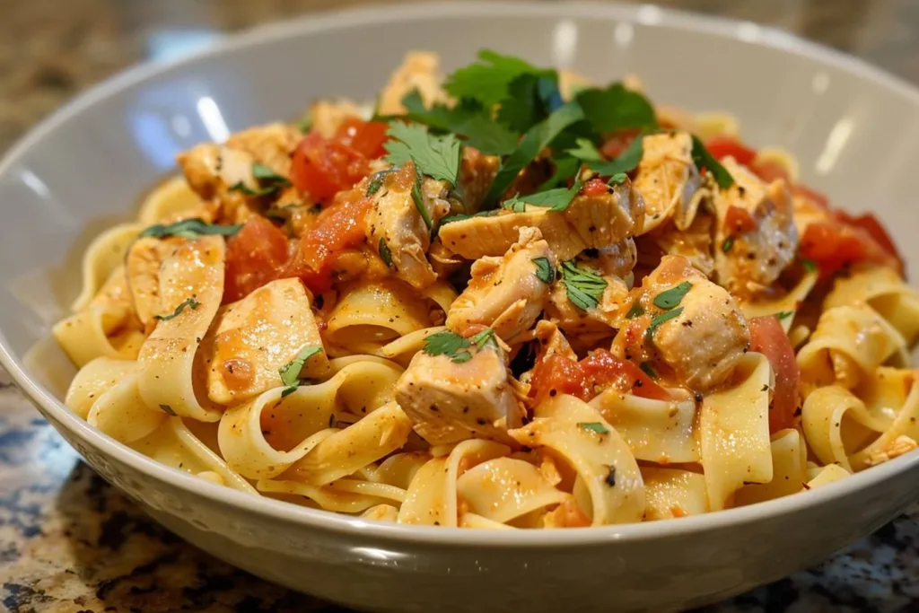 Spicy chicken chipotle pasta served in a bowl with fresh herbs and chili flakes