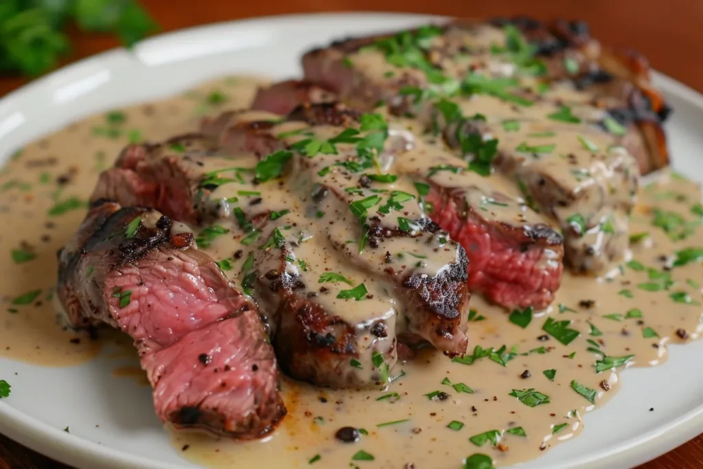 Juicy steak topped with creamy peppercorn sauce on a plate
