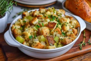 Delicious homemade stuffing prepared with herbs and spices.