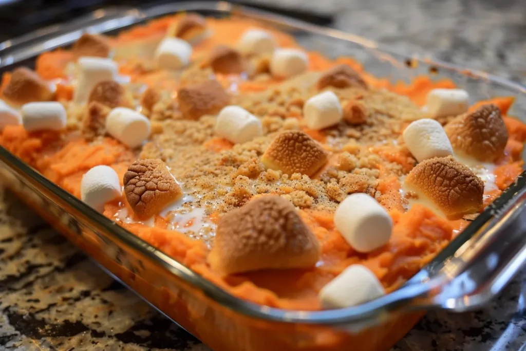 Delicious sweet potato casserole topped with marshmallows and pecans