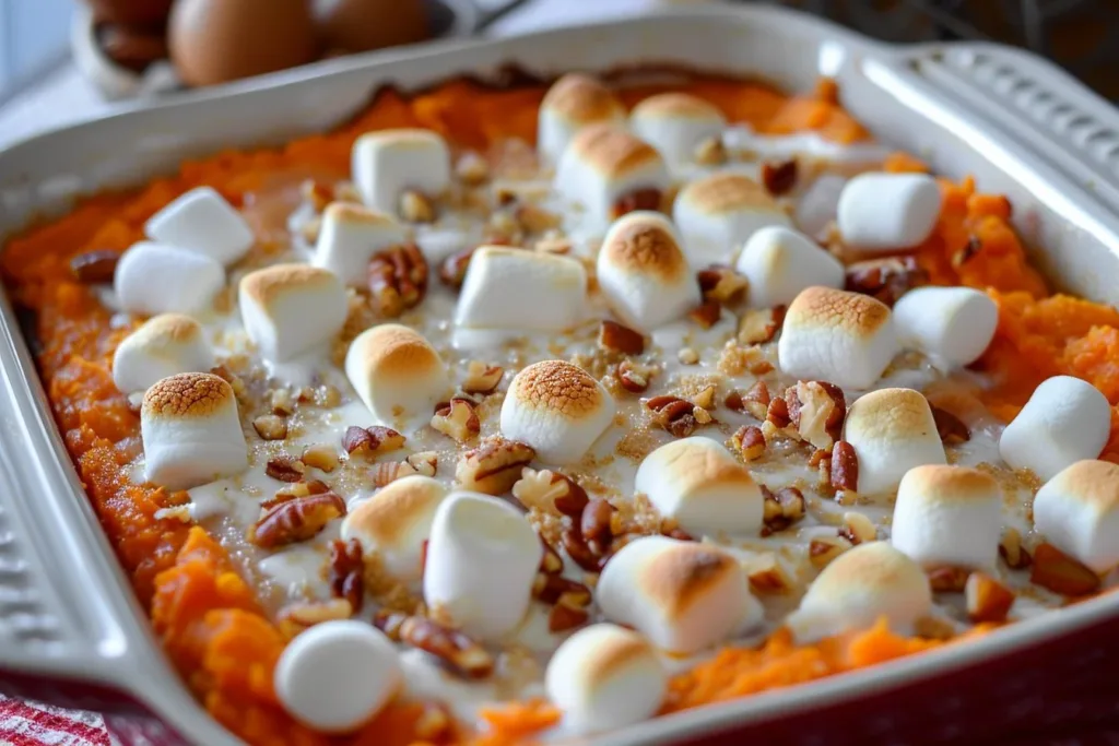 Delicious sweet potato casserole topped with toasted marshmallows.