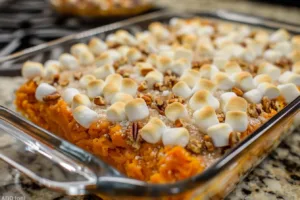 Delicious sweet potato casserole topped with marshmallows served in a baking dish.