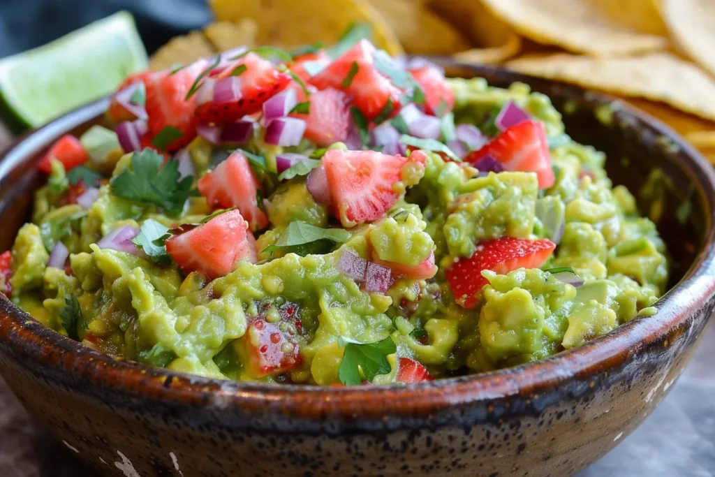 Bowl of tangy strawberry guacamole with fresh strawberries and avocados