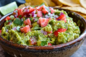 Bowl of tangy strawberry guacamole with fresh strawberries and avocados