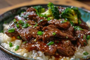 Tender crock pot Mongolian beef dish garnished with green onions.