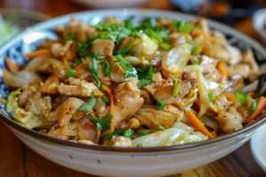 Delicious Thai Chicken Cabbage Stir Fry in a bowl, showcasing vibrant colors and fresh ingredients.