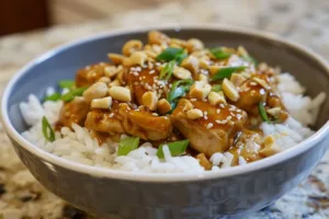 Delicious Thai Peanut Chicken dish with colorful vegetables and creamy peanut sauce