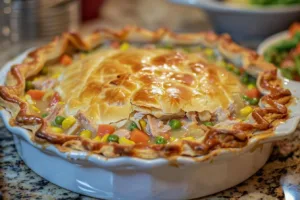 Thanksgiving leftover turkey pot pie with stuffing crust, a cozy holiday dish