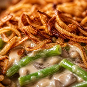 Delicious Green Bean Casserole with mushroom sauce and crispy onions served in a dish.